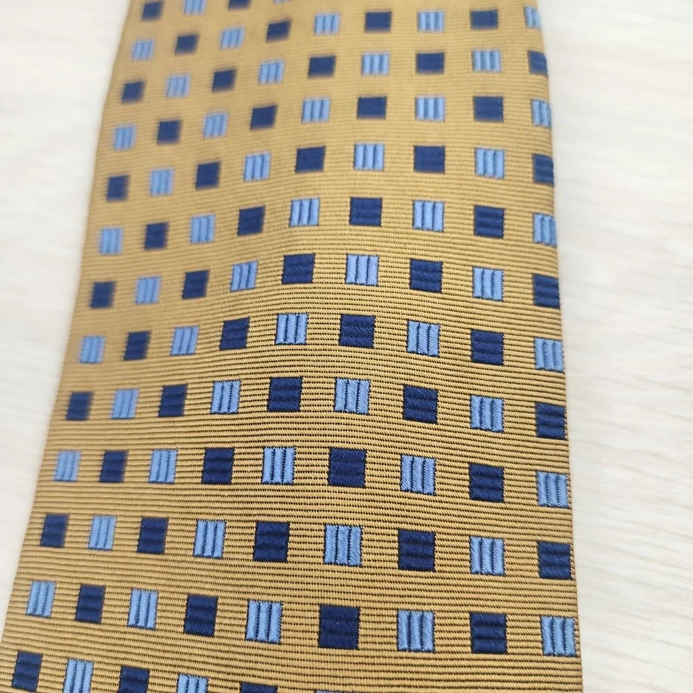 Brooks Brothers Makers USA Silk Neck Tie Woven in England Yellow‎ Blue Squares